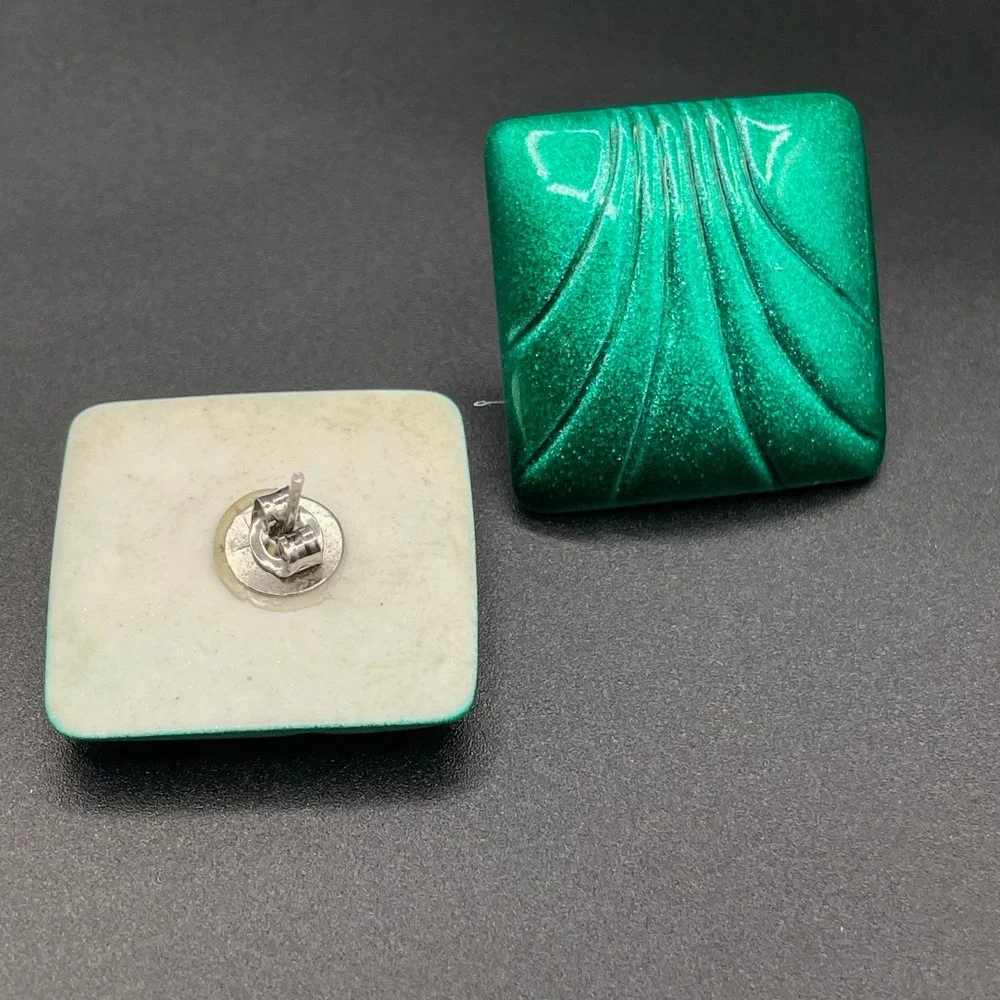 VTG Metallic Green Square Statement Abstract Swirl Clip-On Earrings Boho Retro‎